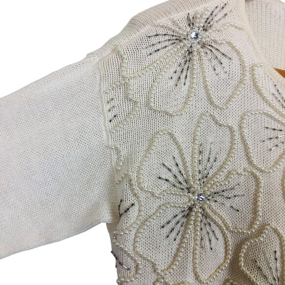 Vtg 80s Victoria Jones Knit Crewneck Sweater P Medium Floral Faux Pearl Beaded - Picture 3 of 8